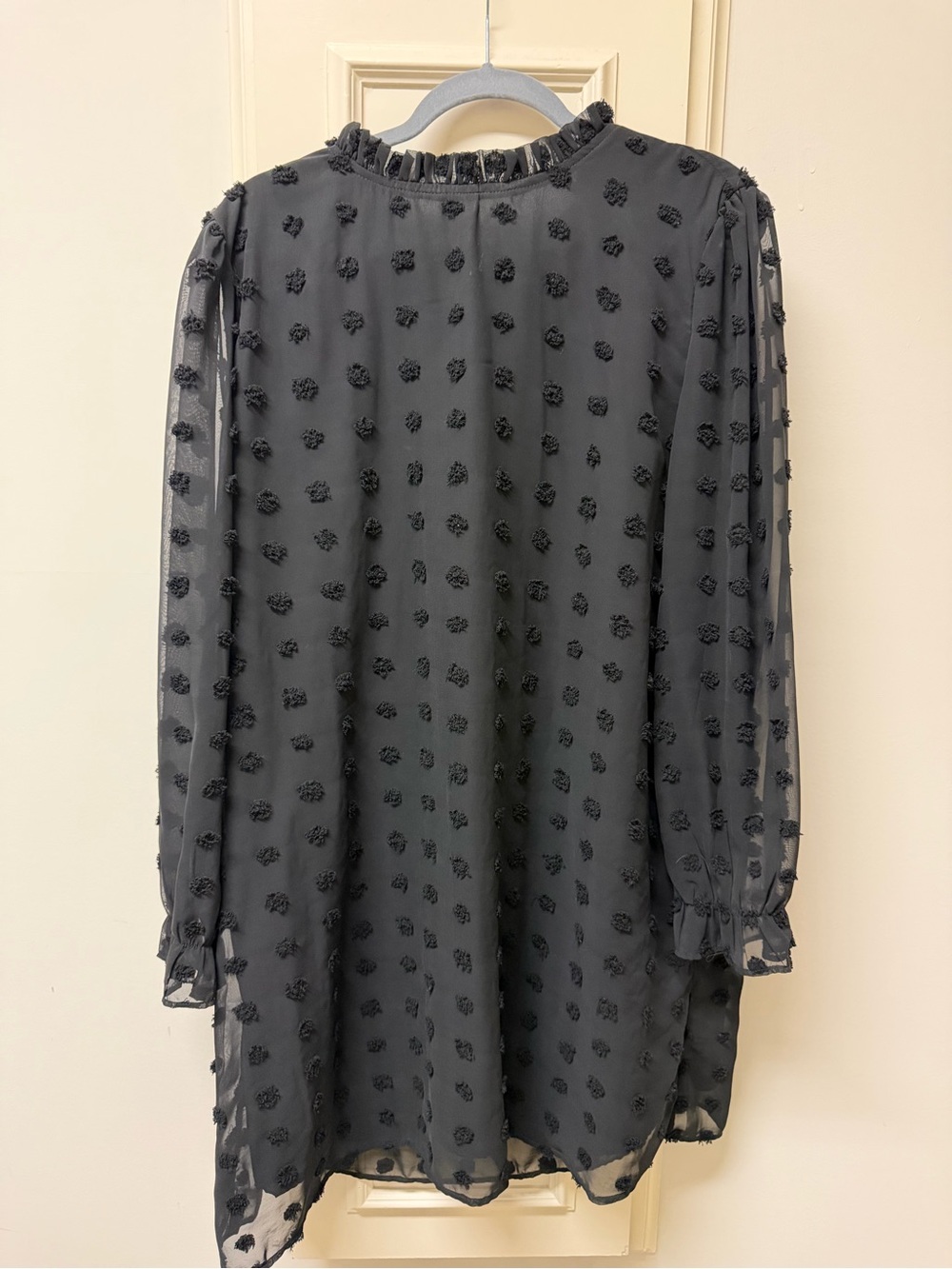Black Ruffled Neck Swiss Dot Long Sleeve Dress